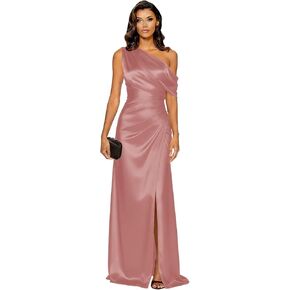 واحد الكتف الساتان حفلة موسيقية فساتين طويلة مطوي فستان وصيفة الشرف حورية البحر Ruched ثوب السهرة الرسمية مع الشق in Kuwait