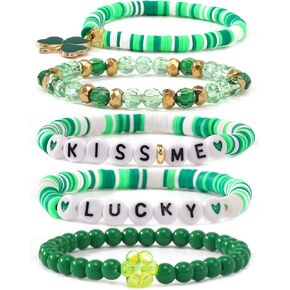 St. Patrick's Day Clover Green Beaded Bracelet for Women Men Stackable Lucky Leaf Stretch Pearl Acrylic Round Beads Jewelry Clay Heishi Holiday Bracelet Party Friendship Gifts for Women in Kuwait