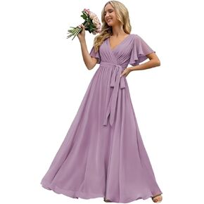 فساتين وصيفة العروس بأكمام مكشكشة من YOFF مع فيونكة شيفون ورقبة على شكل V فستان رسمي مكشكش FF025 in Kuwait