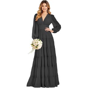 Women's Long Sleeve Tiered Bridesmaid Dresses V Neck Pleated Chiffon Empire Waist Formal Evening Prom Gowns in Kuwait
