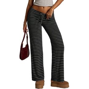 Women's Flared Knit Pants High Waisted Wide Leg Striped Lounge Bottoms Soft Stretchy in Kuwait