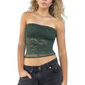 Women Strapless Lace Mesh Tube Top Floral Print Sleeveless Bandeau Backless Slim Fit Crop Tops Summer Streetwear in Saudi Arabia