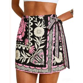 تنورة نسائية قصيرة ملفوفة للصيف، تنانير بطبعة استوائية بنقشة الزهور، تنانير شاطئ قصيرة غير رسمية بخصر عالٍ in Kuwait