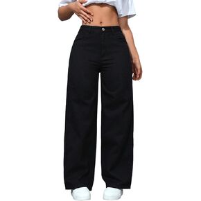 جينز نسائي من EARKOHA، جينز بسيط للارتداء اليومي، أسود فضفاض بأرجل مستقيمة in Kuwait