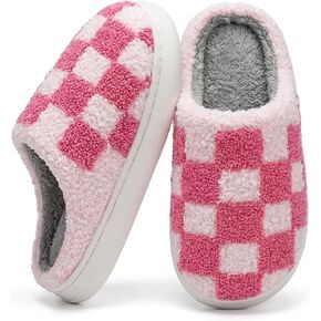 Kids Checkerboard Slippers for Boys Girls, Warm Plush Slip-On House Shoes with Memory Foam, Non-Slip Rubber Sole, Indoor Outdoor Winter Home Slippers for Little/Big Kids in Kuwait