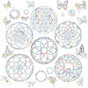 28 pcs Mandala Window Clings, FHDUSRYO Bird Strikes, Glass Door Window Stickers, Stop Birds Flying into Windows, Reusable Prism Rainbow Static Window Decals Glass Doors Decorations in Kuwait