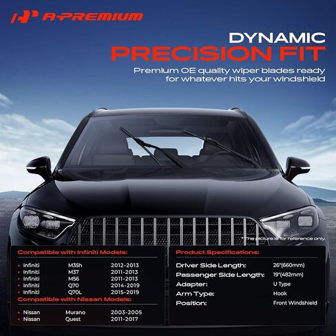 شفرات ممسحة الزجاج الأمامي A-Premium 26"+19" متوافقة مع Nissan Murano 2003-2005، Quest & Infiniti M35h، M37، M56، Q70، Q70L - موصل ذراع الخطاف، مع مؤشر التآكل ومنشفة (عبوة من قطعتين) in Saudi Arabia
