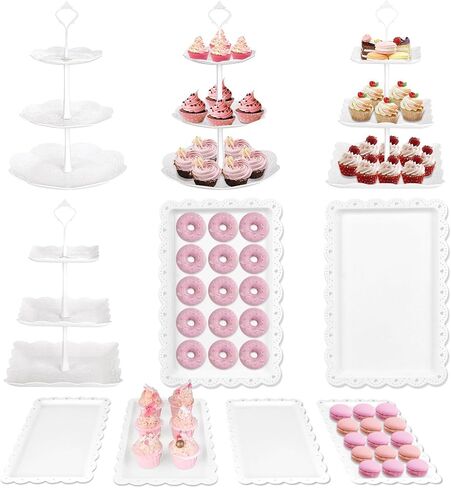 10 Pcs Cake Stand White Plastic Dessert Table Set 4 3 Tire Cupcake Display Stands Cookie Tray Rack Serving Tower and 6 Trays for Wedding Baby Shower Tea Party in Kuwait