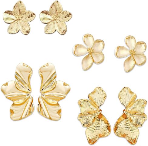 Chunky Gold Flower Earrings For Women, Gold Plated Sectored Flower Leaf Shell Angel Wing Earrings Large Stud Earrings Hypoallergenic Earrings in Kuwait