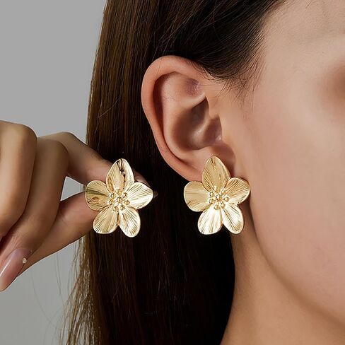 Chunky Gold Flower Earrings For Women, Gold Plated Sectored Flower Leaf Shell Angel Wing Earrings Large Stud Earrings Hypoallergenic Earrings in Kuwait