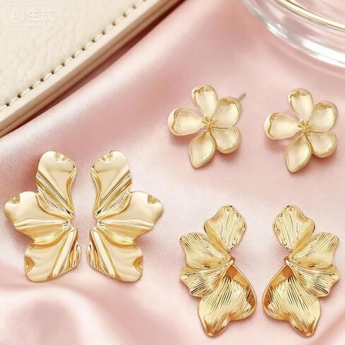 Chunky Gold Flower Earrings For Women, Gold Plated Sectored Flower Leaf Shell Angel Wing Earrings Large Stud Earrings Hypoallergenic Earrings in Kuwait