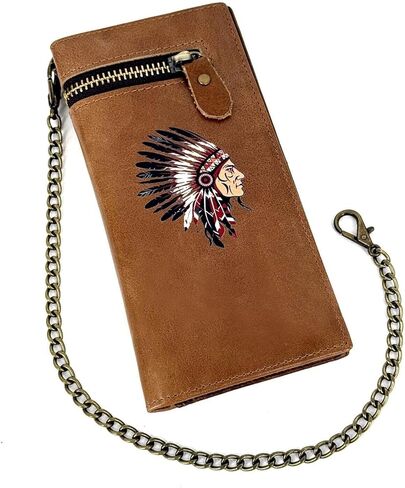 Retro Biker Leather Wallet American Indian Chief Head Printing Purse W/Chain Men in Kuwait