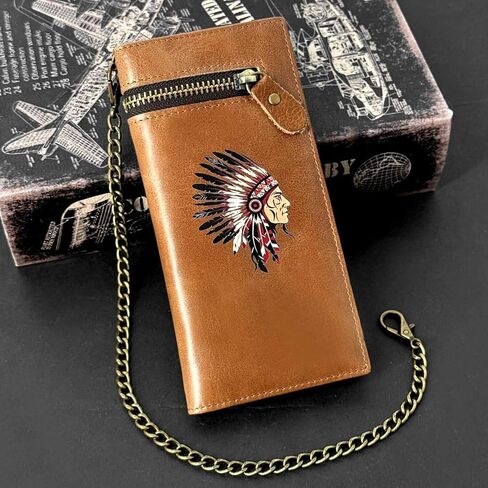 Retro Biker Leather Wallet American Indian Chief Head Printing Purse W/Chain Men in Kuwait