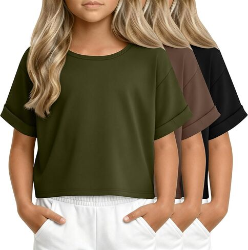 3 Pack Girl's Crop Tops Basic Short Sleeve T-Shirts Summer Oversized Crewneck Shirt Casual Loose Rolled Sleeve Tee in Saudi Arabia