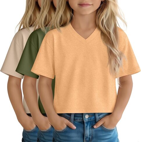 3 Pack Girls Short Sleeve Crop Tops V Neck Cute Cropped T Shirts Summer Casual Tops Basic Tees Size 5-14 Years in Saudi Arabia