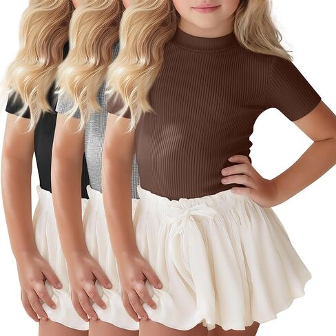 3 Pack Girls Summer Sun Mock Neck T-Shirts Kids Short Sleeve Breathable Shirts Ribbed Knit Slim Fit Outdoor Tops in Saudi Arabia
