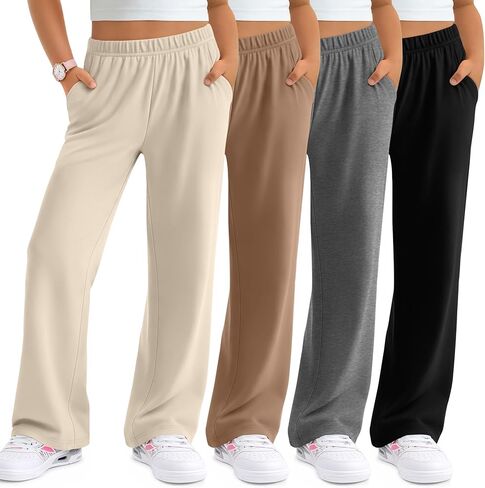 4 قطع من السراويل البناتية ذات الساق المستقيمة 5-16 سنة خفيفة الوزن غير رسمية فضفاضة للأطفال سراويل فضفاضة ناعمة مع جيوب in Kuwait