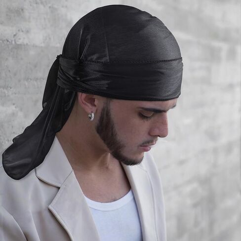 Medsuo Black Silky Durag Cap Head Wrap Ultra-Soft Breathable Wrinkle Free Satin Durag for 360 Waves, Braids, Locs, Wide Long Tail Doo Rag Premium Silk Du Rag for Men and Women in Saudi Arabia