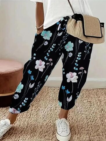 حجم كبير 1XL-5XL المرأة موضة الأزهار طباعة مستقيم مطاطا الرباط جيب السراويل Ladise السراويل غير رسمية متعددة الاستخدامات in Saudi Arabia