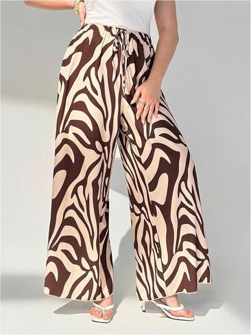 Floerns Women's Plus Size Graphic Wide Leg Palazzo Pants Drawstring Elastic Waist Travel Pants in Saudi Arabia