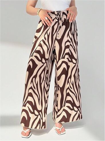 Floerns Women's Plus Size Graphic Wide Leg Palazzo Pants Drawstring Elastic Waist Travel Pants in Saudi Arabia