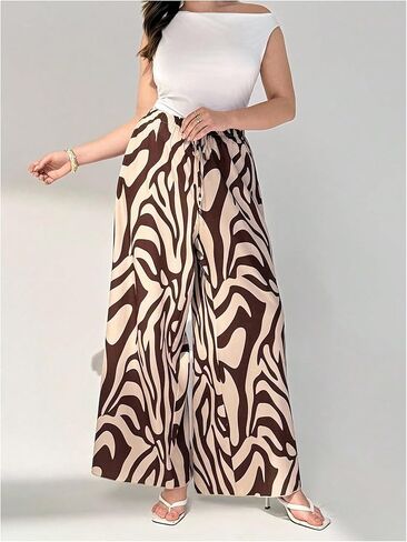 Floerns Women's Plus Size Graphic Wide Leg Palazzo Pants Drawstring Elastic Waist Travel Pants in Saudi Arabia