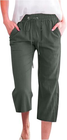 Linen Capri Pants for Women Casual Summer Loose Straight Leg Capris Lightweight Vacation Beach Cropped Pants in Kuwait