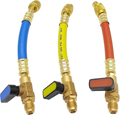 R134A R410A R22 R12 A/C Charging Hoses and Ball Valve Set,3 Color 7" Coded Hoses with Ball Valve 1/4" SAE Thread for AC HVAC Maintenance Kit and Air Condition Refrigeration Charging Tools in Saudi Arabia
