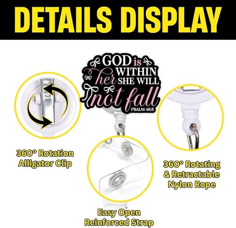 God is Within Her She Will Not Fall Badge Reel, Retractable ID Holder with Inspirational Scripture Quote & Alligator Clip for Nurses, Teachers & Office Staff in Kuwait