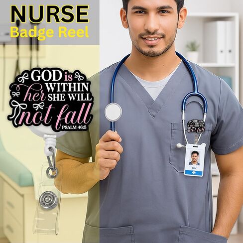 God is Within Her She Will Not Fall Badge Reel, Retractable ID Holder with Inspirational Scripture Quote & Alligator Clip for Nurses, Teachers & Office Staff in Kuwait