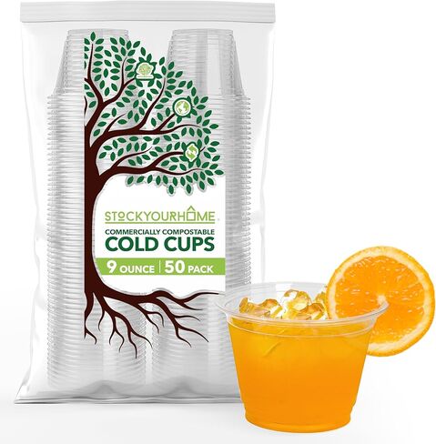 Stock Your Home 9 oz Clear Commercially Compostable Cold Cups (100 Pack) Plant Based Eco Party Cup, Environmentally Friendly Recyclable Disposable Sustainable for Water, Wine & Beer Sample in Saudi Arabia