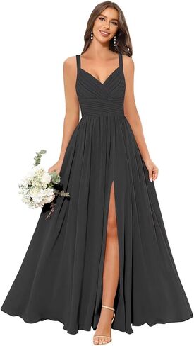 homdor Women's Chiffon Bridesmaid Dresses Long Spaghetti Straps V Neck Ruched A Line Formal Dress in Kuwait