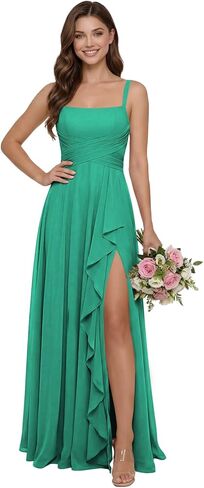 فساتين وصيفة الشرف طويلة برقبة مربعة للنساء أشرطة سباغيتي مكشكشة من الشيفون ثوب مسائي رسمي مع فتحة كشكش in Kuwait