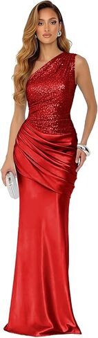 Sparkly Sequin Prom Dresses for Women Long Pleated Satin Formal Dress One Shoulder Mermaid Evening Gown in Saudi Arabia