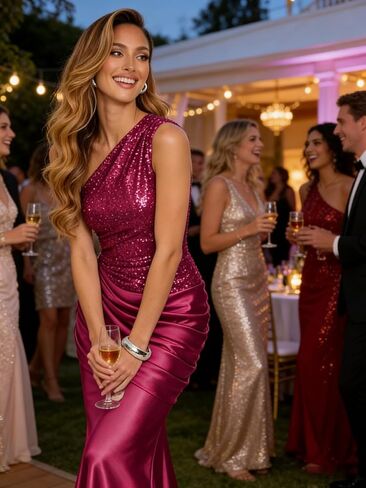 Sparkly Sequin Prom Dresses for Women Long Pleated Satin Formal Dress One Shoulder Mermaid Evening Gown in Saudi Arabia