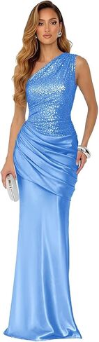 Sparkly Sequin Prom Dresses for Women Long Pleated Satin Formal Dress One Shoulder Mermaid Evening Gown in Saudi Arabia