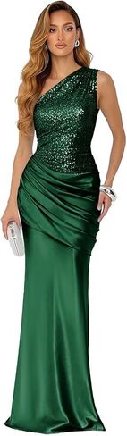 Sparkly Sequin Prom Dresses for Women Long Pleated Satin Formal Dress One Shoulder Mermaid Evening Gown in Saudi Arabia
