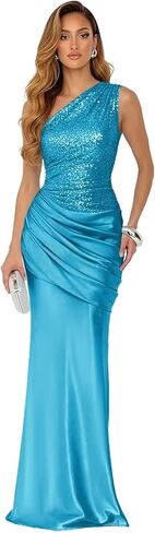 Sparkly Sequin Prom Dresses for Women Long Pleated Satin Formal Dress One Shoulder Mermaid Evening Gown in Saudi Arabia