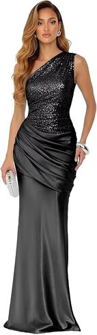 Sparkly Sequin Prom Dresses for Women Long Pleated Satin Formal Dress One Shoulder Mermaid Evening Gown in Saudi Arabia