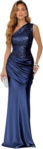 Sparkly Sequin Prom Dresses for Women Long Pleated Satin Formal Dress One Shoulder Mermaid Evening Gown in Saudi Arabia