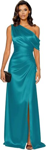 One Shoulder Satin Prom Dresses Long Pleated Bridesmaid Dress Mermaid Ruched Formal Evening Gown with Slit in Kuwait
