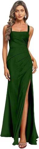 Women's Square Neck Mermaid Bridesmaid Dresses Chiffon Long Pleats Formal Evening Gowns with Slit in Kuwait