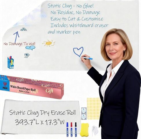 17.3"x393.7" White Board Paper Roll - Dry Erase Board Alternative,No Glue Static Cling White Board Sticker for Wall, Glass, School & Office | Easy-to-Install Portable Dry Erase Paper in Saudi Arabia