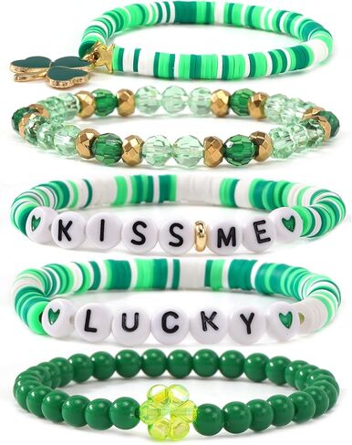 St. Patrick's Day Clover Green Beaded Bracelet for Women Men Stackable Lucky Leaf Stretch Pearl Acrylic Round Beads Jewelry Clay Heishi Holiday Bracelet Party Friendship Gifts for Women in Kuwait