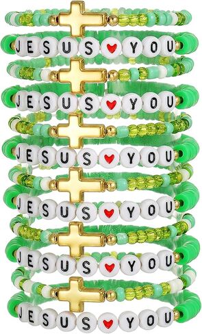12 قطعة يسوع أحبك الدينية اليدوية الطين الخرز تكويم أساور المسيحية الكتاب المقدس الآية الصداقة تمتد أساور للنساء عيد الفصح الكنيسة تذكير المجوهرات هدية in Kuwait
