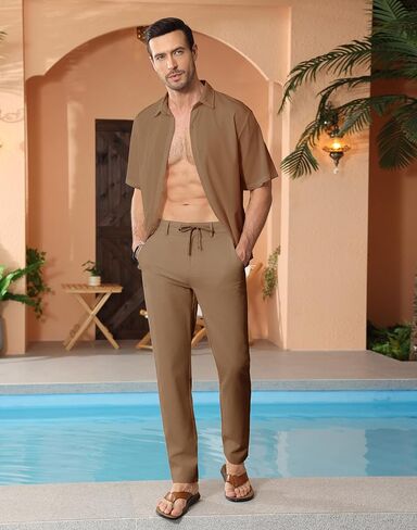 JWM Linen Dress Pants for Men Summer Casual Beach Lightweight Comfy Trousers Travel Vacasion Pants with Zipper Pocket 30" 32" in Kuwait