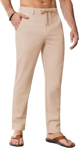 JWM Linen Dress Pants for Men Summer Casual Beach Lightweight Comfy Trousers Travel Vacasion Pants with Zipper Pocket 30" 32" in Kuwait
