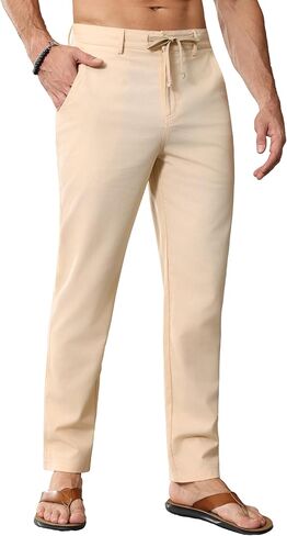JWM Linen Dress Pants for Men Summer Casual Beach Lightweight Comfy Trousers Travel Vacasion Pants with Zipper Pocket 30" 32" in Kuwait
