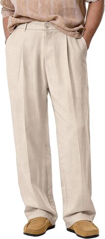 Comdecevis Men's Linen Pleated Pants Lightweight Loose Fit Business Casual Linen Dress Trousers in Kuwait