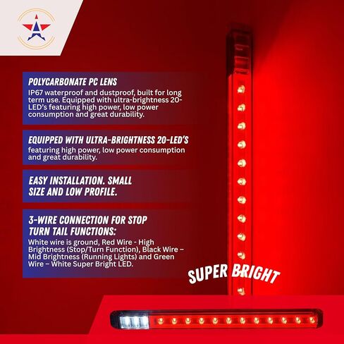 2 قطعة 18 بوصة LED شريط إضاءة مزدوج الوظيفة - إيقاف، ذيل، دوران، توهج نيون وإضاءة احتياطية - 12 مصباح LED أحمر/9 أبيض، فائق السطوع، مقاوم للطقس IP67، DOT FMVSS متوافق مع المقطورات RVs Campers، 12V in Saudi Arabia